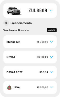 Tela do aplicativo mostrando exemplos de valores de multa, DPVAT e IPVA de um veículo que podem ser pagos no Zul+.
