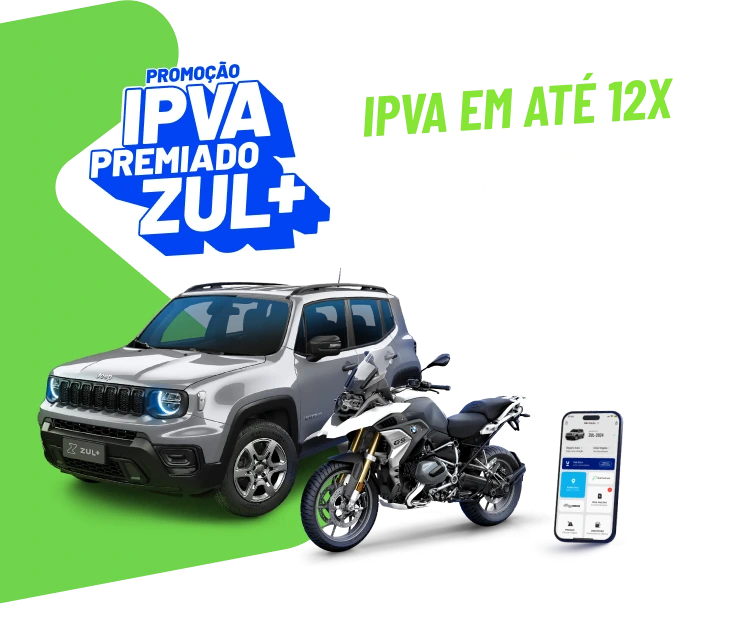 Promoção IPVA premiado Zul+ IPVA em até 12x - Pague pelo Zul+ e concorra a muitos prêmios: 1 jeep renegade(+5 anos de IPVA pagos); 1 BMW R 1200 GS; +10 iPhones 15