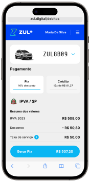 Celular com a tela do aplicativo onde é feita o pagamento de IPVA do veículo utilizando opção Crédito.