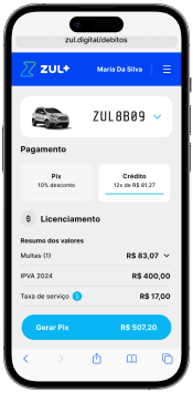 Celular com a tela do aplicativo onde é feita o pagamento de Licenciamento do veículo utilizando opção Crédito.