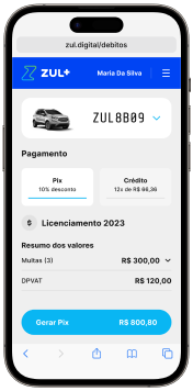 Celular com a tela do aplicativo onde é feita a consulta e pagamento dos débitos do veículo utilizando Pix.